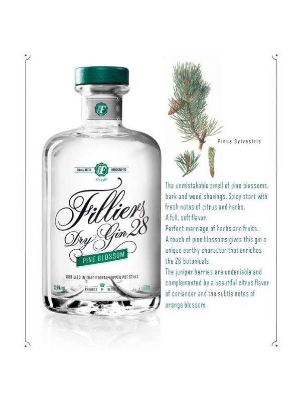 GIN Filliers Dry Gin 28 Pine Blossom - GIN Filliers Dry Gin 28 Pine Blossom
BOTELLA 50 CL
La tradicional Filliers Dry Gin 28 infusionada adems con flor de pino. El maestro destilero de Filliers, Pedro Sez del Burgo, es mundialmente conocido por sus nuevas y novedosas frmulas en la elaboracin de licores y ginebras. Tras el xito de Filliers Tangerine (mandarina) ahora nos sorprende con una ginebra fresca, herbal, un poco especiada, pero sin perder el carcter seco y ctrico de Filliers Dry Gin 28.